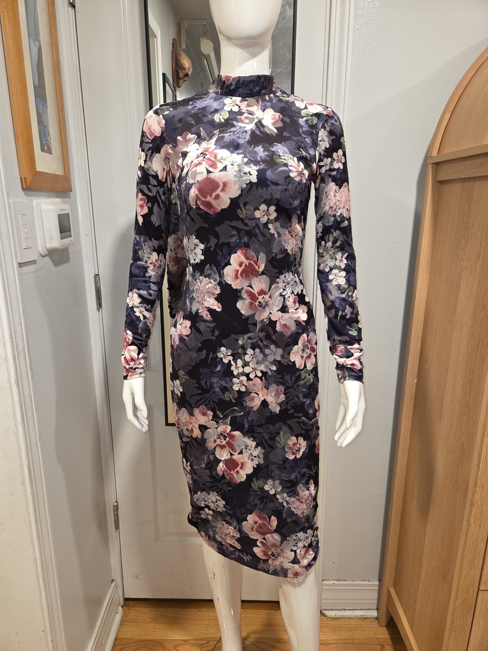 Rachel Rachel Roy Floral Mock-Neck Long Sleeve Midi Dress - Navy/Pink Sz XS
